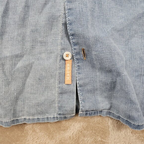 Tommy Bahama Denim Shirt 100% Linen Buttons Blue Short Sleeve Men's Sz XLT Tall - Picture 8 of 10